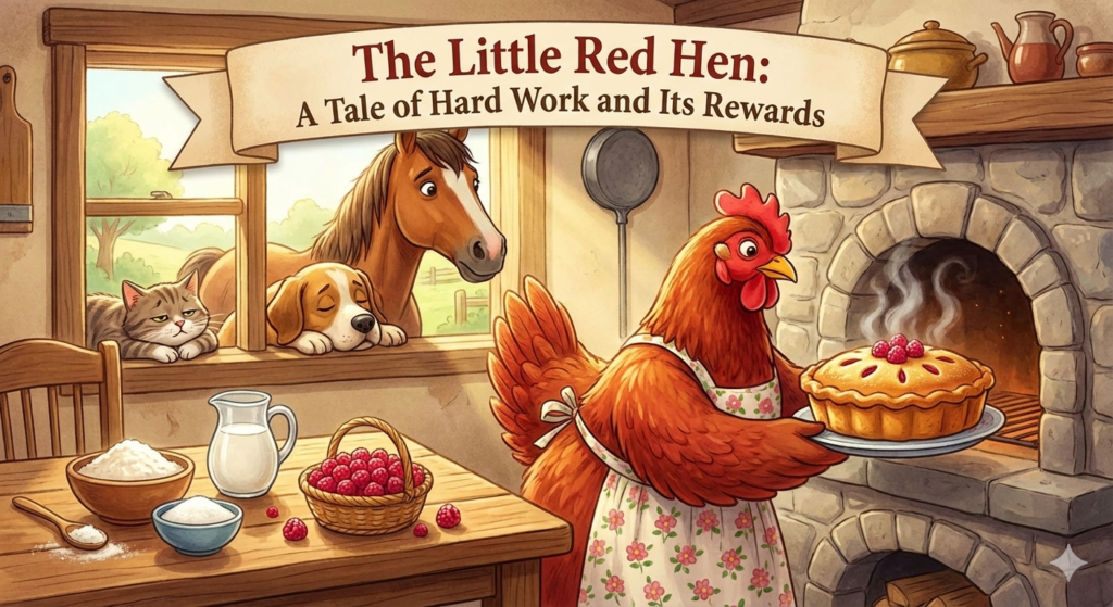 Cô gà mái đỏ làm bánh mâm xôi trong bếp