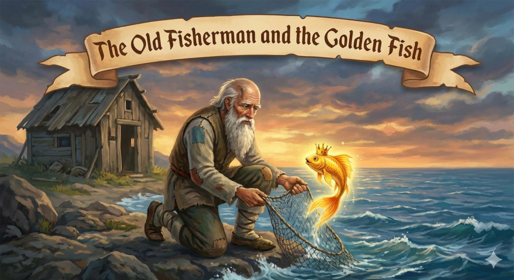 Ông lão đánh cá gặp con cá vàng bên bờ biển