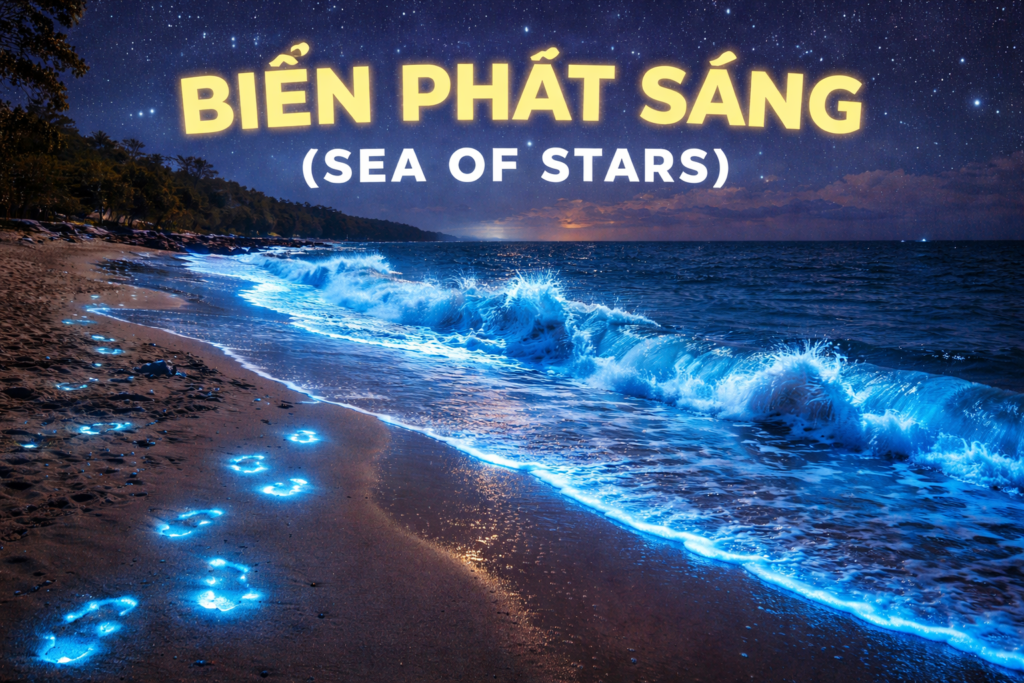 Biển phát sáng Sea of Stars với sóng xanh lấp lánh ban đêm