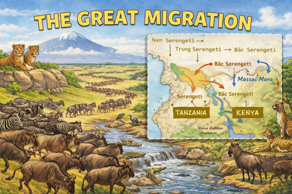 The Great Migration Serengeti–Mara với đàn linh dương đầu bò và ngựa vằn