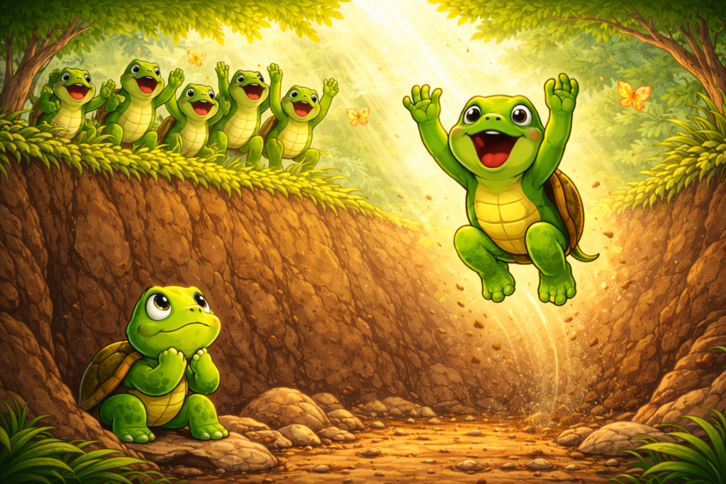 frog jumping out of hole