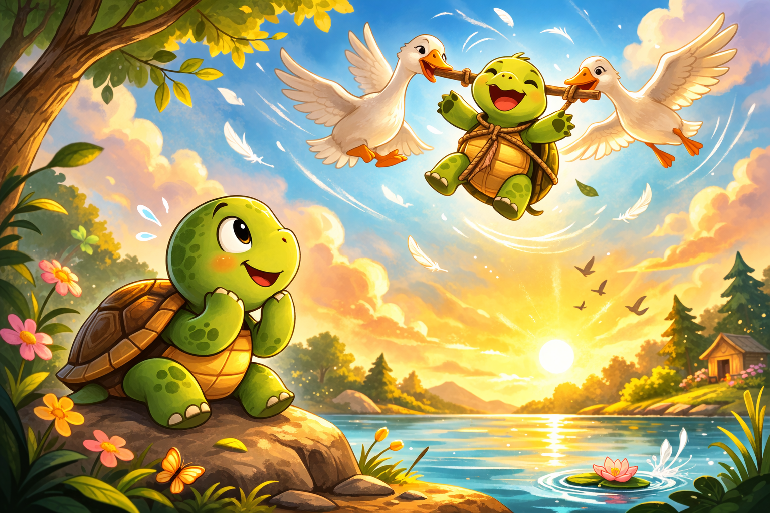 turtle looking at flying geese