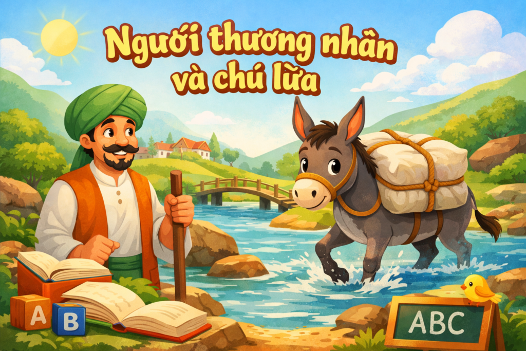 merchant and donkey crossing river